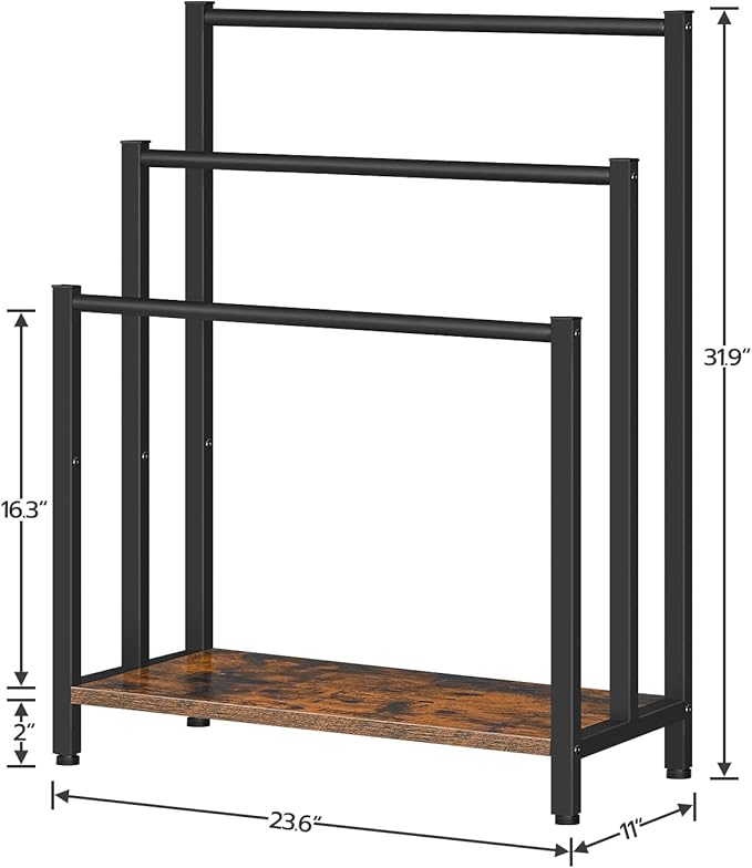 HOOBRO Free Standing Towel Rack, 3 Tier Blanket Rack, Blanket Holder for Bathroom, 23.6" L x 11" W x 31.9" H, Industrial Metal Drying and Display Rack with Shelf, Rustic Brown and Black BF06LB01