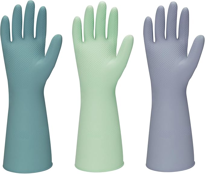 Rubber Kitchen Dishwashing Gloves - 3 Pairs Colorful Reusable Household Cleaning Gloves For Washing Dishes And Cleaning Tasks，Flexible And Durable Waterproof (Medium, Dark Green+Green+Gray)