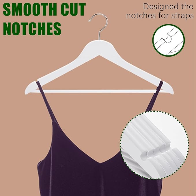 Amber Home 20 Pack White Wooden Coat Hangers, White Wood Suit Hangers with Non-Slip Pant Bar, Clothes Hangers for Closet Organization, Shirts, Jackets, Dresses, and Pants (White, 20)