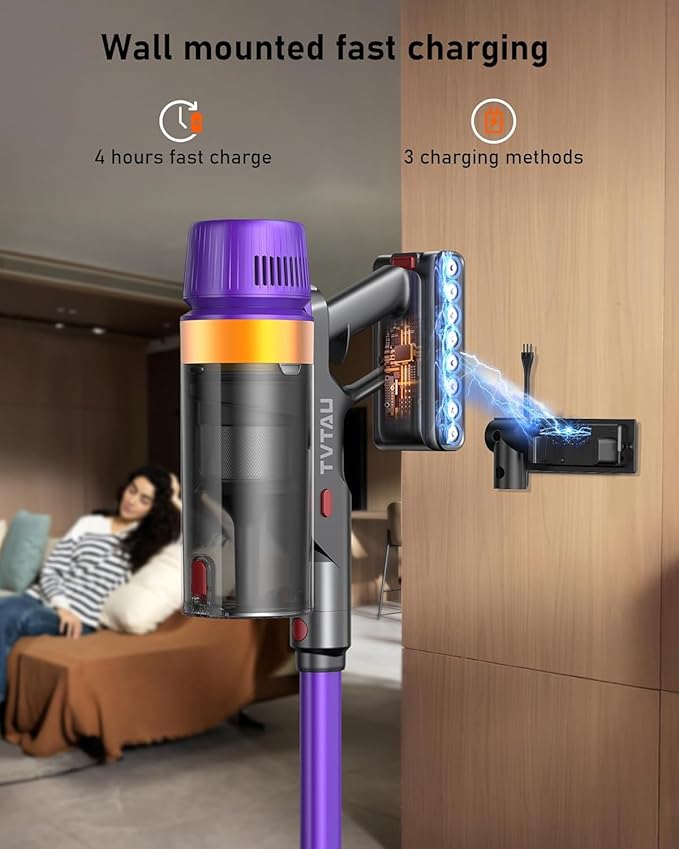 TVTAU Cordless Vacuum Cleaner, Self-Standing 620W 55KPA 75Min Runtime Stick Vacuum for Home, 1.8L Dust Cup, LED Display, Anti-Tangle, 8-Stage Filtration, for Hardwood Floor Carpet Pet Hair