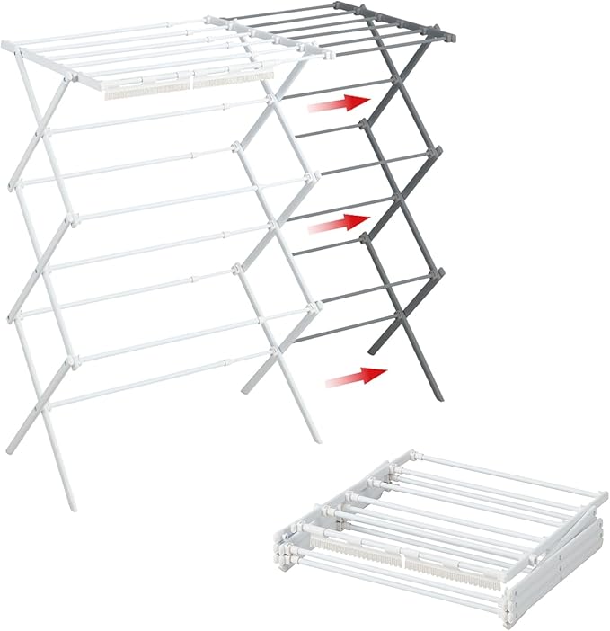 Foldable Clothes Drying Rack, Extendable Laundry Drying Rack, Clothes Airer, Steel Frame, 24-39.2”W x 23.6”D x 40.55 H, Easy Assembly, Indoor Outdoor Use, White