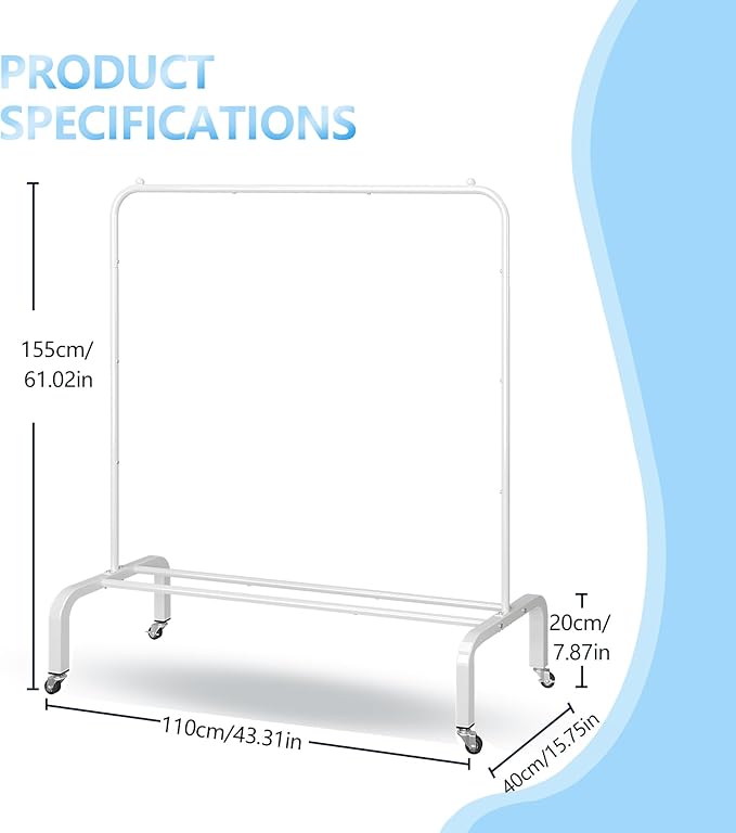 JIUYOTREE Metal Clothing Rack with Wheels, 43.3 Inches Rolling Clothes Garment Coat Rack with Bottom Shelf, Clothing Rack for Hanging Clothes, Coats, Skirts, Shirts, Sweaters, White