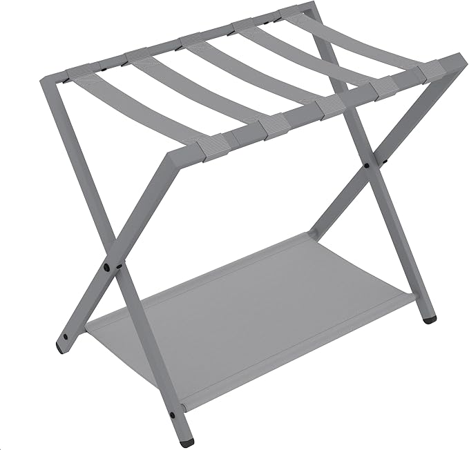 Hzuaneri Luggage Rack, Folding Suitcase Stand for Guest, Foldable, Luggage Holders with Shelf, Steel Frame with Nylon Straps for Bedroom, Hotel, Holds up to 154 lb, Grey,1 Pack LR03899G