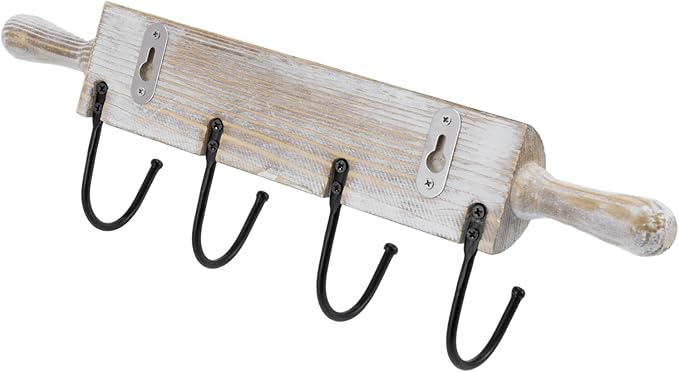 MyGift Wall Mounted Kitchen Utensil Rack, Rustic White Washed Wood Rolling Pin Cooking Tool Hanger with 4 Hooks for Aprons, Dish Towel, Mugs, Spoons