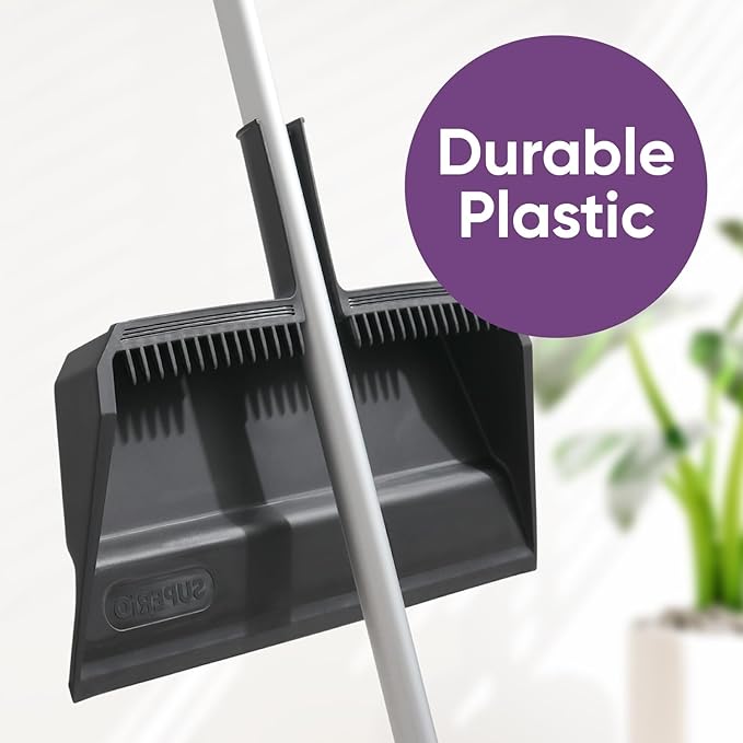 Superio 2-Pack Wide Plastic Dustpan with Comb - 16" Wide, Rubber Lip, Broom Handle Clip, Grey