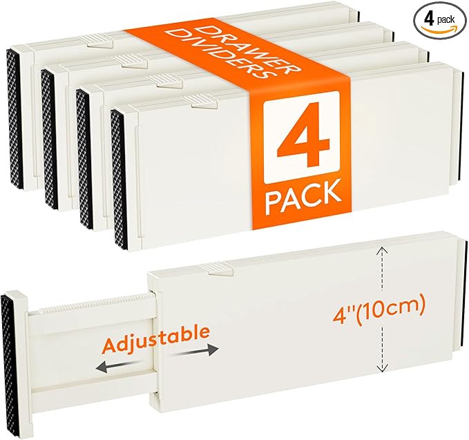 Lifewit 4 Pack 4" High Drawer Dividers 28-43.5cm/11-17" Adjustable Drawer Organizer for Clothes/Utensils, Expandable Drawer Separator in Dresser/Kitchen/Bedroom/Office Organization & Storage Beige