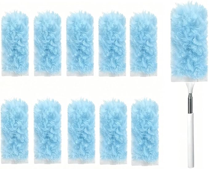 Heavy Duty Duster Refills, Disposable Dusters Kit for Cleaning Dusting Furniture Blind Ceiling Fan, Multi Surface 360 Feather Duster(10)+3FT Extended Handle（1） (Blue)