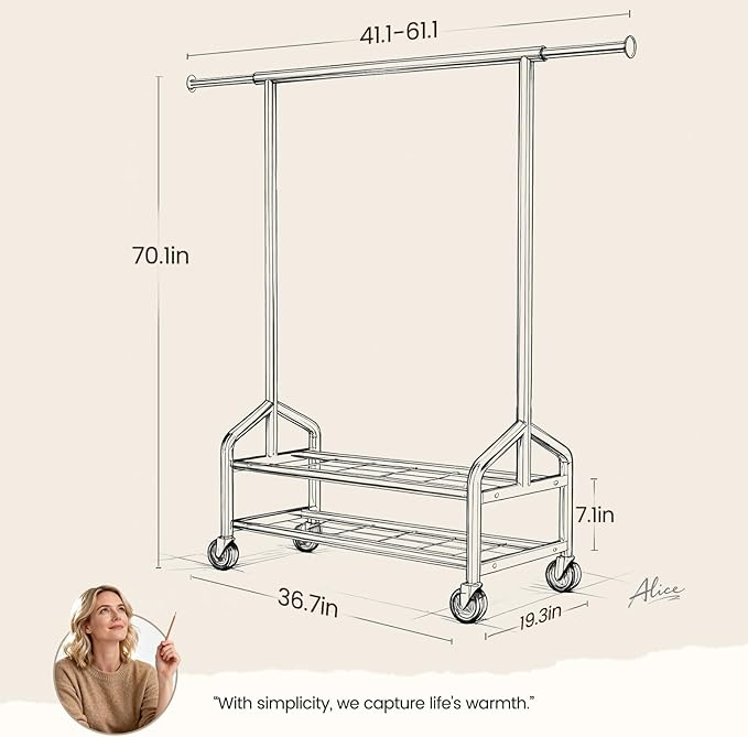 Heavy Duty Clothes Rack, Rolling Clothing Rack for Hanging Clothes Load 650 LBS with 2 Sturdy Shelves, Metal Garment Rack with Wheels for Bedroom, Laundry Room, Retail Store, Silver