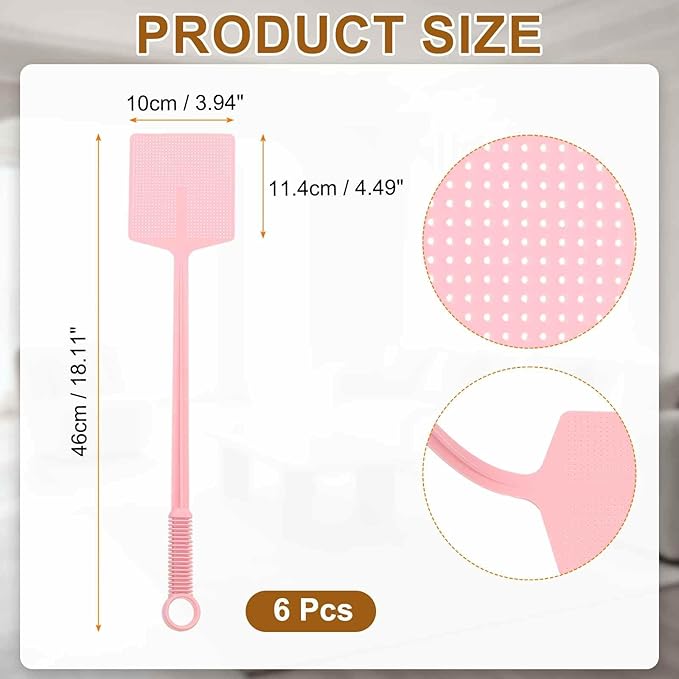 HARFINGTON 6pcs Fly Swatter 4.5"x3.9" Plastic Manual Heavy Duty Long Handle Fly Swatter for Home Indoor Outdoor, Pink