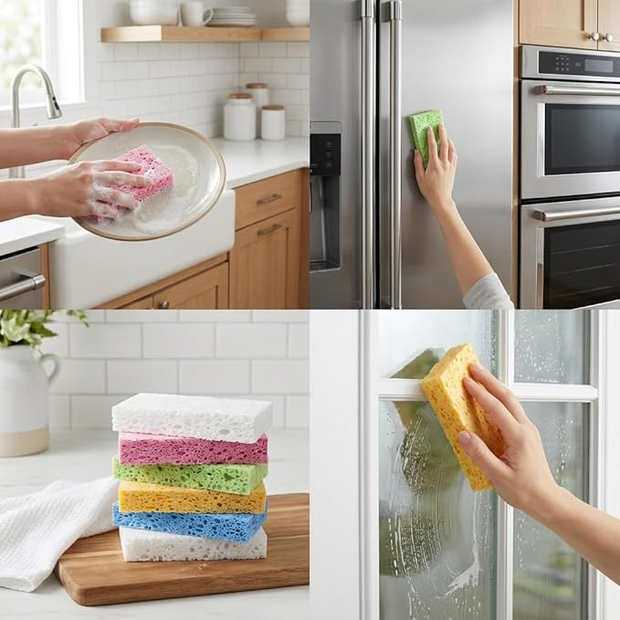 Kitchen Sponges- Heavy Duty Cellulose Scrub Dish Sponge for Tough Messes, Scratch Free & Durable, 100% Biodegradable Pop Up Eco Sponges DIY, 5 Colors Sponges