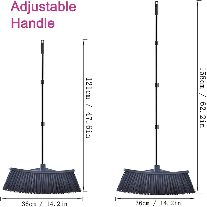 Heavy-Duty Outdoor Broom with 62-Inch Stainless Steel Handle - 14.2-Inch Wide Plastic Broom Head for Garage, Yard, Sidewalk - No Bend Sweeping, Durable & Lightweight