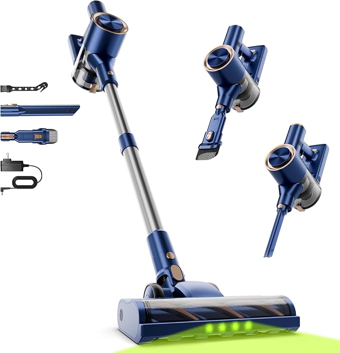 Shieal Cordless Stick Vacuum Cleaner - 45KPA Powerful Suction Vacuum with 45 Min Runtime, Detachable Battery, Anti-Tangle & 1.5L Dust Cup, 8 in 1 Vacuum Cleaner for Pet Hair, Carpet, HardFloor, Blue
