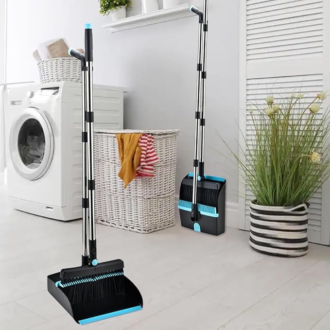 Broom and Dustpan Set for Home, Long Handle Dust Pan and Broom Combo for Indoor Outdoor Heavy Duty Dustpan Set for Kitchen Lobby Office Upright Standing Dustpan with Teeth (Deep Blue)