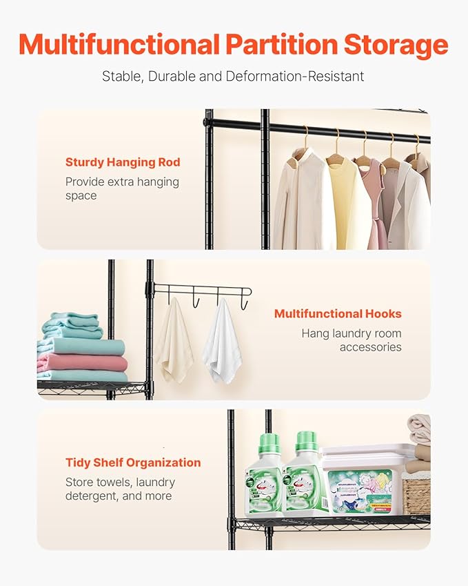 VEVOR Over Washer and Dryer Storage Shelves, 6 Tiers Laundry Room Drying Rack with Hanger Rod and Hooks, Two Rows Adjustable Washer Shelves Space Saver, for Laundry Room Storage & Organization, Black