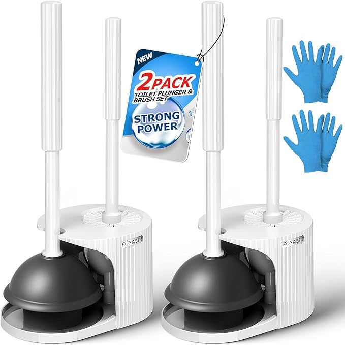 2Pack 2 in 1 Toilet Brush and Plunger Set,Clean Gloves, Extended Handle Plunger，Toilet Bowl Brush Plunger Set,Bathroom Cleaning Tools,Toilet Brush Plunger Combo,Cleaning Brush(Cream White)