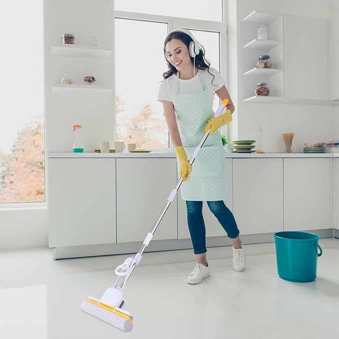 PVA Sponge Mops for Floor Cleaning Squeeze with 60" Long Handle, Self Wringing Mop with 15" Head for Kitchen Bathroom Tiles, Sponge Mops for Floor Cleaning with Wringer DUDTO