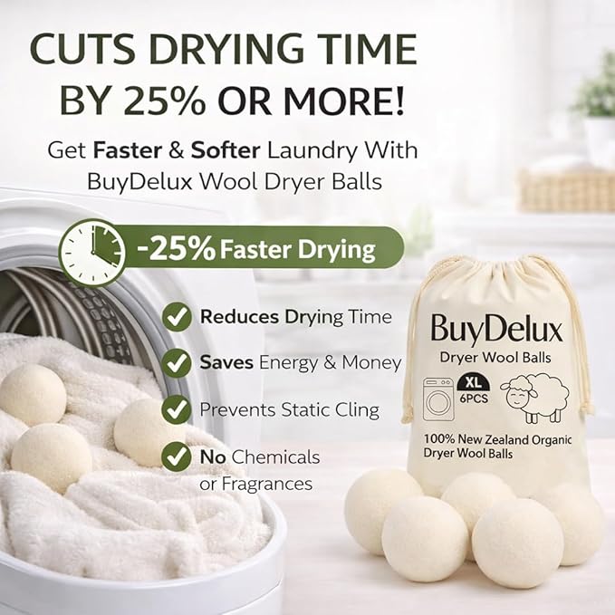 Wool Dryer Balls 6 Pack XL 7cm, 100% New Zealand Wool, Reusable 1000+ Loads, Natural Fabric Softener Alternative, Helps Reduce Drying Time, Static and Wrinkles, Baby Safe