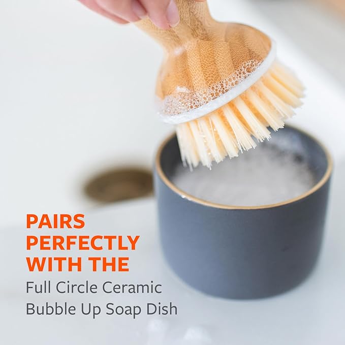 Full Circle Bubble Up Bamboo Dish Brush – Family Safe, Formaldehyde-Free – Ergonomic Palm Scrubber with Handle for Kitchen Cleaning, Dish Scrub Brush for Nonstick, Cast Iron & Sink, White