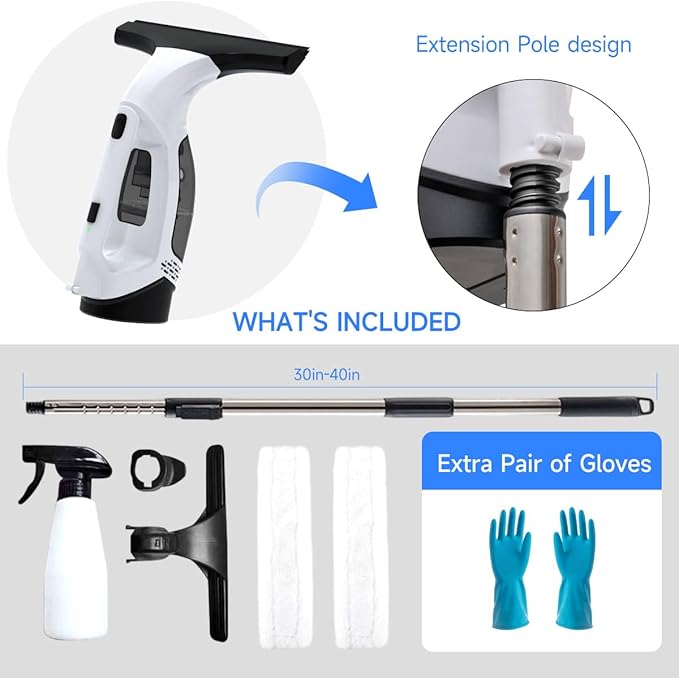 Cordless Window Vacuum Squeegee with Extension Pole Electric Window Cleaner Tool 11 inchs Electric Window Vacuum Shower Squeegee for Shower Door, High Window, Tile and Car Windshield