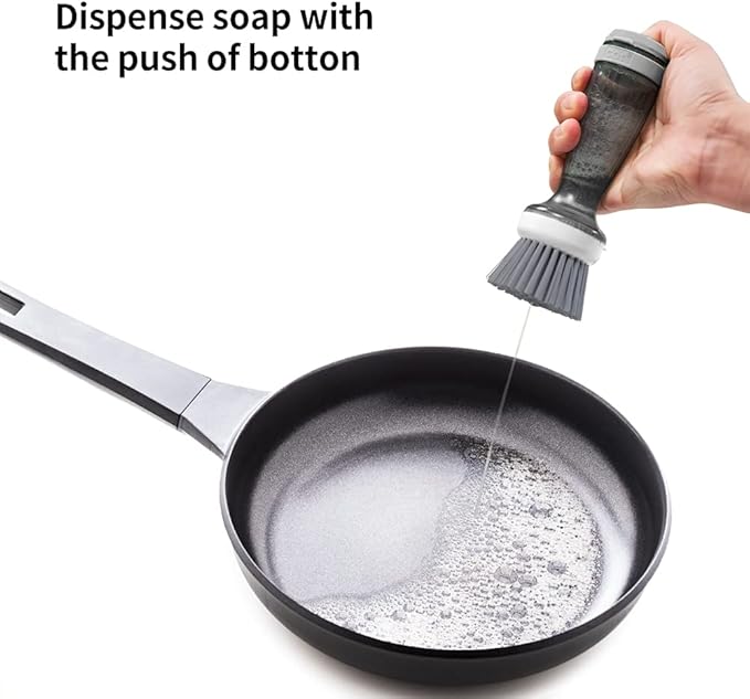 CQT Dish Brush with Soap Dispenser – One-Press Suds, Built-in Scrubbing Pad, Non-Slip Handle for Pots, Pans & Non-Stick Cookware – Includes 2 Refill Heads