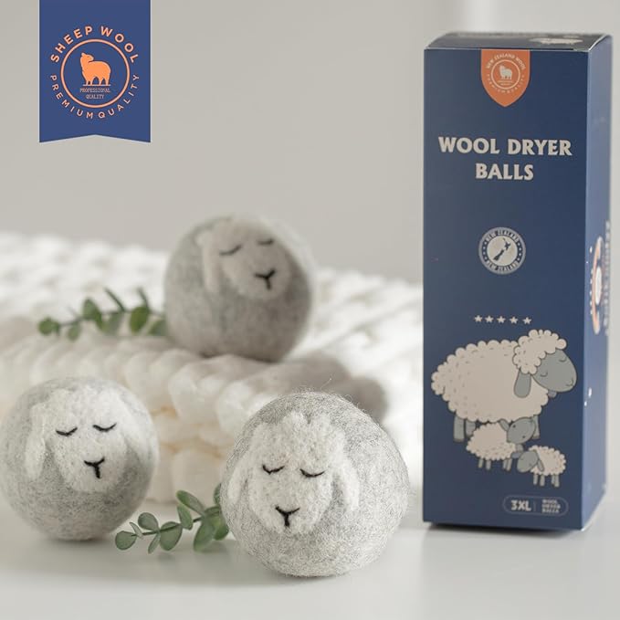 Wool Dryer Balls Handmade 3 Pack XL,Organic Laundry Dryer Balls,100% New Zealand Wool Natural Fabric Softener,Reusable 1000 Loads,Wrinkles Free, Shorten Drying Time,Baby Safe (3 Pack,Sleeping Sheep)