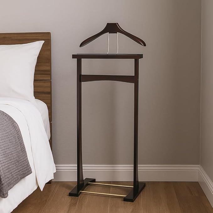 Proman Products Ashton Valet Suit Stand with Top Tray, Contour Hanger, Trouser Bar and Shoe Rack, 17" W x 14" D x 42" H, Dark Mahogany