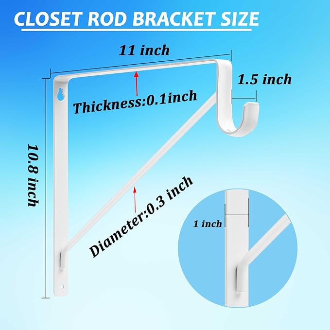 8 Pack Heavy Duty Closet Shelf & Rod Brackets 11 x 11 Inch, 300lbs Wall Mounted Closet Shelves Bracket with Rod Shelving Support, Closet Pole Supports Bracket Holder with Screws, White