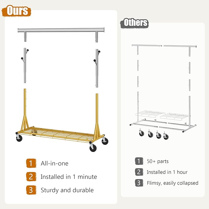 Gewudraw Rolling Clothes Rack Load 530lbs,Heavy Duty Garment Rack With Sturdy Wheel And Shelves, Adjustable Portable Hanging Rack For Clothes, Gold