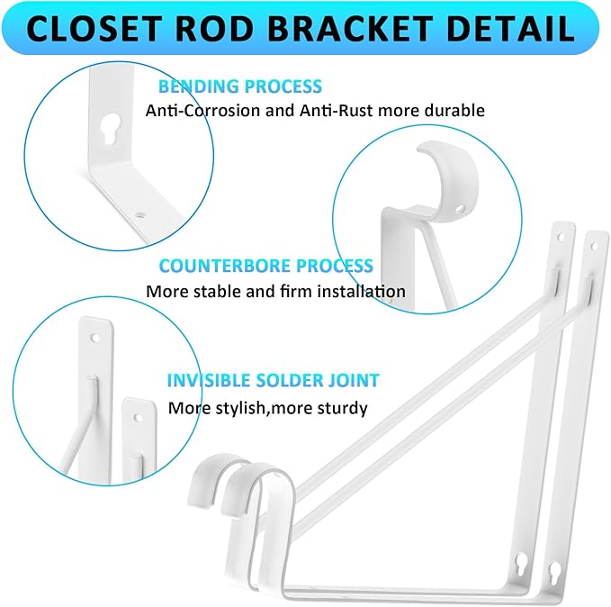 Heavy Duty Closet Rod Bracket 11x11 Inch, 6-Pack White Steel Closet Shelf Brackets,Wall Mount Closet Rod Support Bracket with Screws,Supports 300 lbs