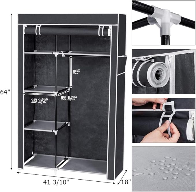 Portable Closet Wardrobe, Closet Storage Organizer Rack with Shelves and Cover for Hanging Clothes, Non-Woven Fabric, Quick and Easy to Assembly (64'', Gray)