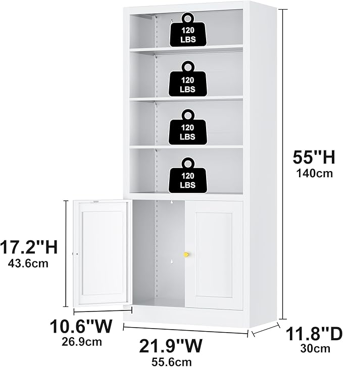 Bookcase with Doors and Adjustable Shelves, 55" Tall Metal 5-Tier Storage Cabinet, Freestanding Bookshelf for Living Room, Home Office, Bedroom, Kitchen Pantry Organizer Rack (White)
