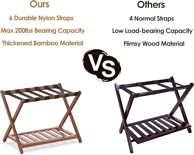 BAMBOOHOMIE 2 Pack Bamboo Luggage Rack for Guest Room, 26.77" Folding Wide Suitcase Stand with Storage Shelf, Thickened Luggage Stand Holder for Bedroom Hotel, Luggage Rack for Suitcases (Brown)