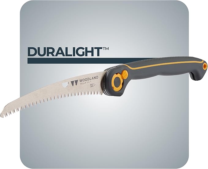 Woodland Tools Duralight Folding Saw – Curved Pruning Saw with Hardened Steel Blade, 3-Position Lock, Soft Grip Handle – Manual Tool for Tree Trimming, Branch Cutting, and Yard Work