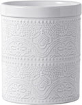 FUN ELEMENTS Kitchen Utensil Holder, 7.2" Super Large Utensil Crock Heavy and Stable Lace Emboss Ceramic Utensil Holder for Kitchen Counter (Bright White)
