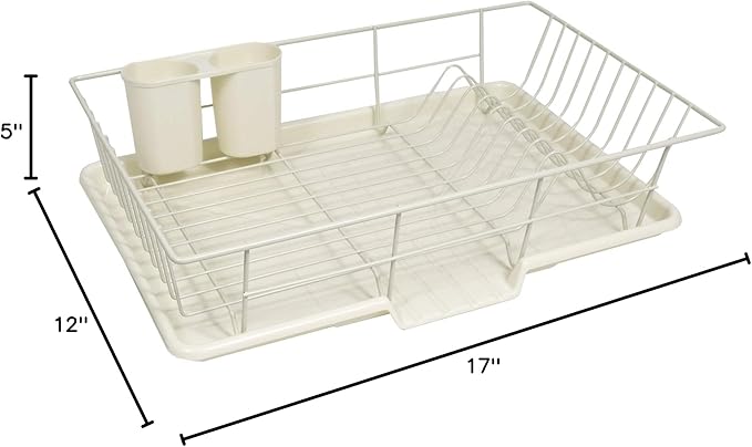 Sweet Home Collection Space-Saving 3-Piece Dish Drainer Rack Set: Efficient Kitchen Organizer for Quick Drying and Storage - Includes Cutlery Holder and Drainboard - Maximize Countertop Space, Ivory