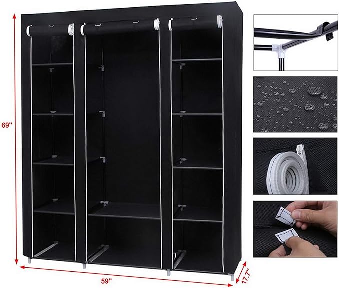 69" Portable Clothes Closet Wardrobe Storage Organizer with Non-Woven Fabric Quick and Easy to Assemble Extra Strong and Durable Black Closet Organizer with Protective Cover MITPATY