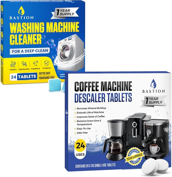 Bastion Washing Machine Cleaner Tablets (24 Ct) + Coffee Machine Descaler Tablets – Deep Cleaning Combo for Appliances – Removes Odors, Limescale & Residue