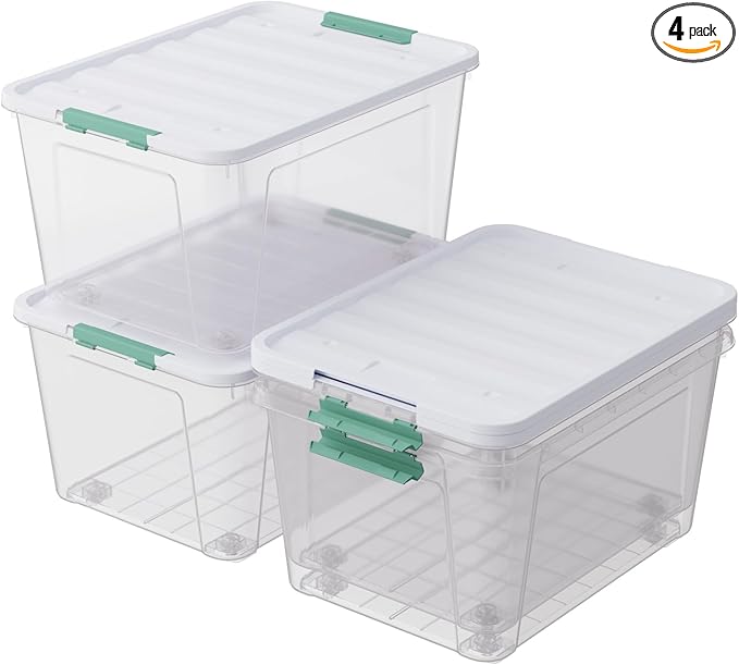 4-Pack Clear Plastic Storage Box with Wheels, 85 Quart Large Plastic Storage Bins with Latch Lids
