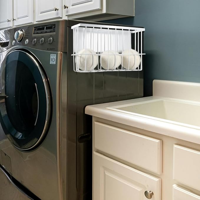 Picowe Large Dryer Ball Organizer Magnetic Storage Bin, Magnetic Basket Dryer Ball Holder for Laundry Room Organization and Storage to Hold 6 Dryer Balls, Without Balls (White, L )
