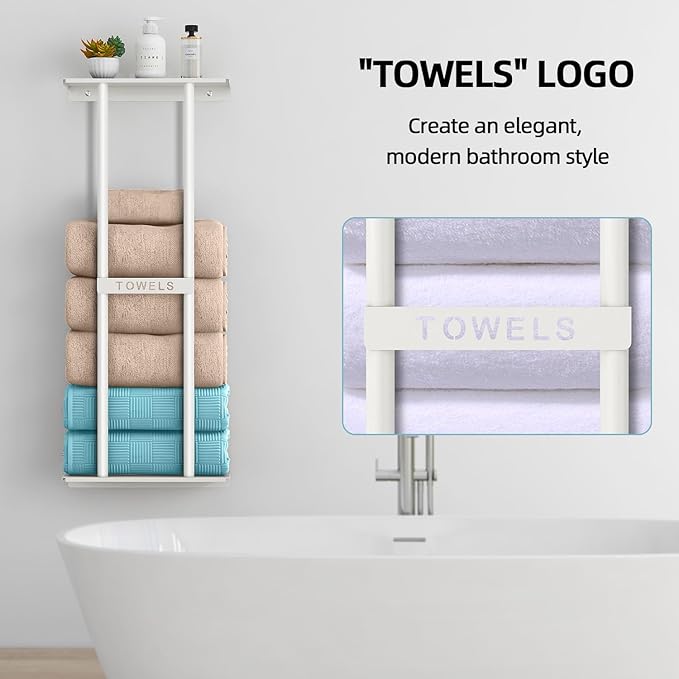 STWWO Wall Towel Rack for Rolled Towels, Towel Storage for Small Bathroom Can Holds 6 Large Towels, 30 inch Towel Racks with Shelf, White