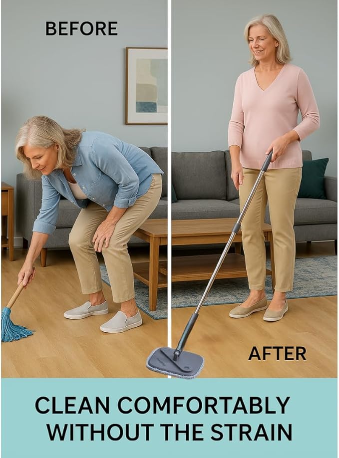 TRUE & TIDY Square Spin Mop & Bucket System – Dual Chamber for Clean & Dirty Water, 360° Rotating Self-Wringing Mop with Built-in Scrub Brush, Stainless Steel Handle & 2 Reusable Microfiber Mop Pads