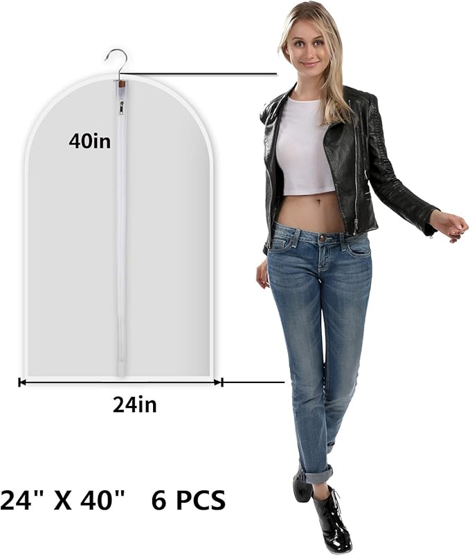 MsKitchen 6 Pack Garment Bags for Hanging Clothes (24x40") - Dustproof Suit Bags for Closet Storage - Durable PEVA Covers with Sturdy Zipper for Coats, Jackets & Dresses (Translucent)