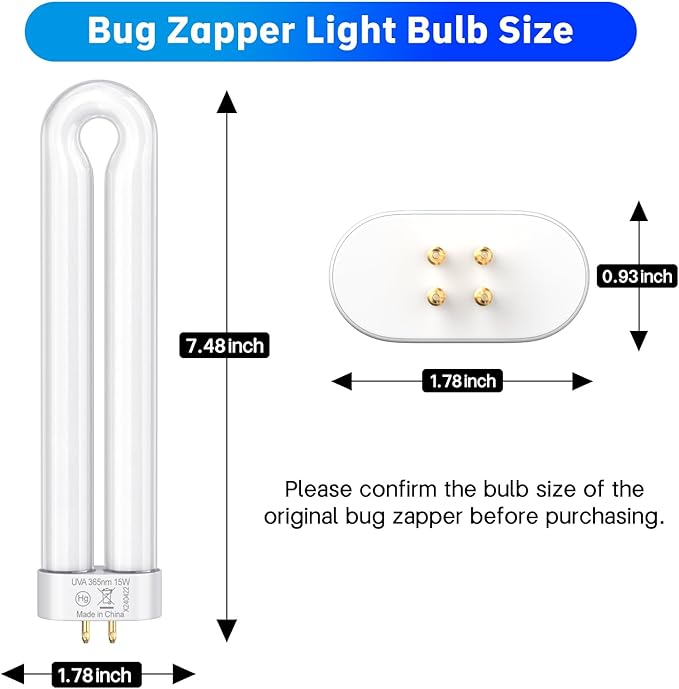 Klahaite Replacement Light Bulb Bug Zapper 15W Bug Light Bulbs for K15, X3,T6, T8, T9 Bug Zapper Outdoor 4-Pin Base U Shaped Twin Tube Bulb for Outdoor Mosquito Zapper
