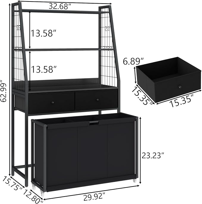 STIKELY Laundry Hamper Laundry Basket with 3 Section Pull-Out Rolling Bags & 2-Tier Storage Shelf, Laundry Sorter for Organization and Storage with 2 Drawers for Laundry Room, Bathroom