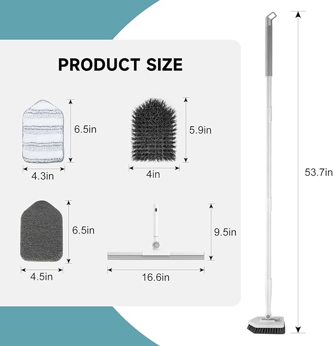 nacena Shower Scrubber with Long Handle, 4 in 1 Tile Tub Scrubber Brush with 3 Detachable Cleaning Shower Heads and Floor Squeegee Shower Cleaner Brush for Bathroom Kitchen Tub Sink Floor, Grey White
