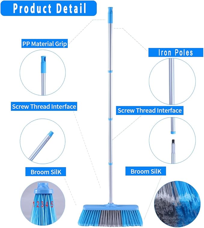 YONILL Indoor Outdoor Broom with Long Handle, 53" Angle Brooms for Floor Cleaning Sweeping Broom for Garage, Patio, Garden, House and Kitchen