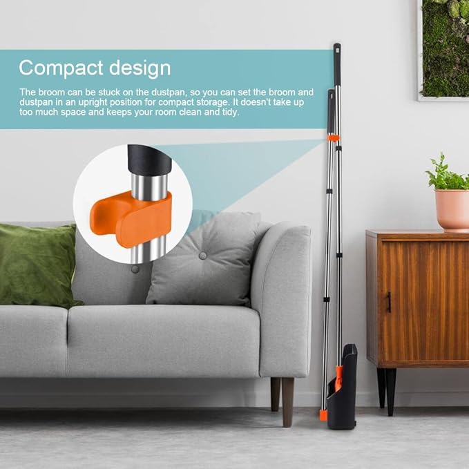 FGY Long Handle Broom and Dustpan Set 53" Broom with Upright Dustpan for Home Kitchen Office Cleaning (Black & Orange)