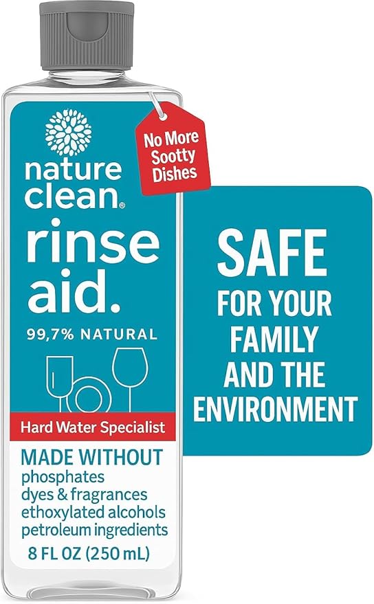 Nature Clean Dishwasher Rinse Aid Liquid, Non Toxic Natural Formula, Spot Free Shine for Glasses & Dishes, Hard Water Stain Remover, Dishwasher Drying Agent, 8 oz/250 ml Pack of 3
