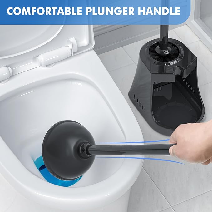 Toilet Plunger and Brush with Holder, Bowl Brush and Heavy Duty Toilet Plunger Set with Ventilated Holder, 2-in-1 Toilet Brush and Plunger Combo for 5.3-inch Toilet Drain New Pack (Black, 1)