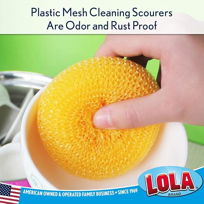 LOLA Jumbo 4" Plastic Mesh Scouring Pads, 2 Pack, Non-Scratch, Great for Pots, Dishwashing, Sinks, Appliances, Assorted Colors